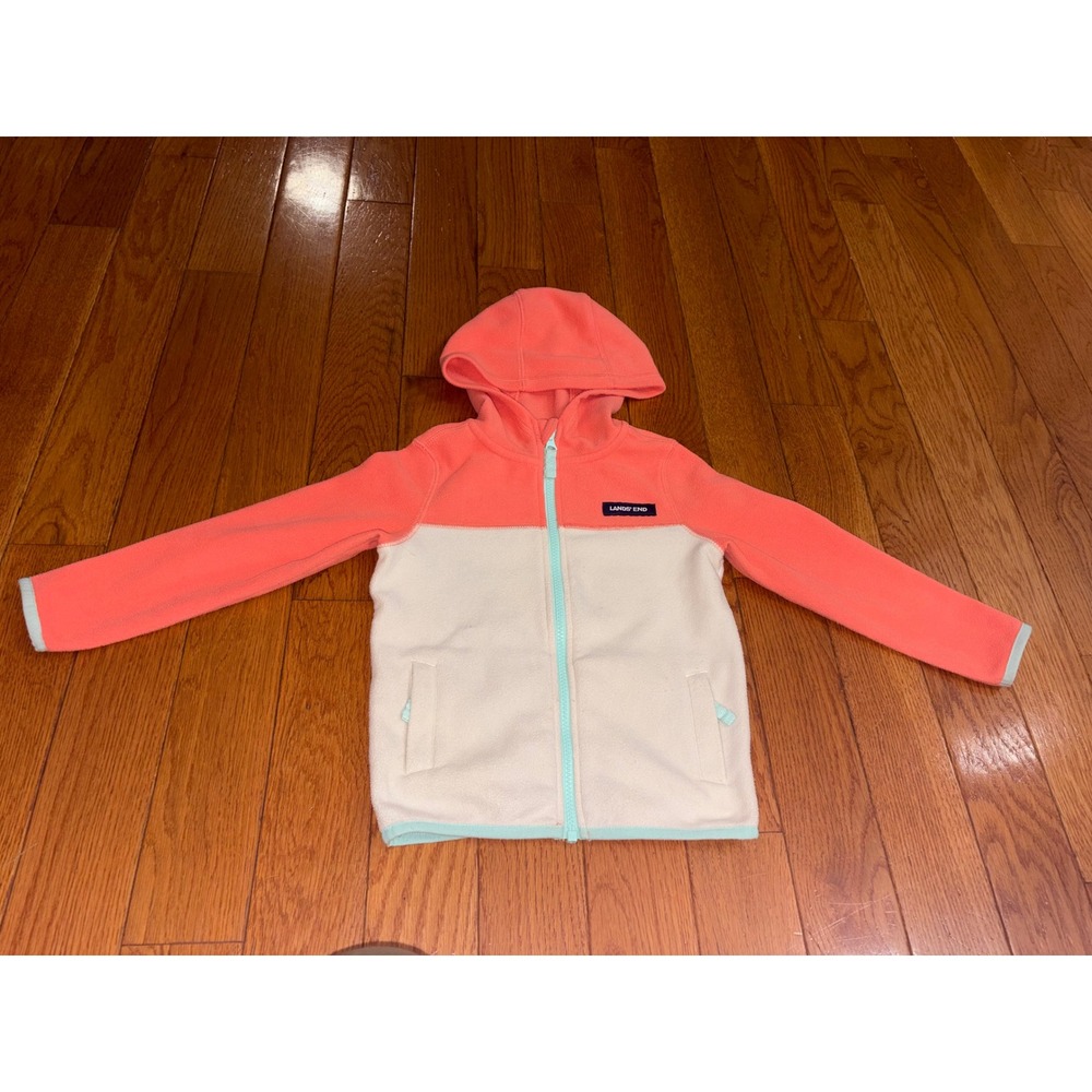 Lands End Kids 4T Full Zip Fleece Hoodie Coral Cream Colorblock Jacket